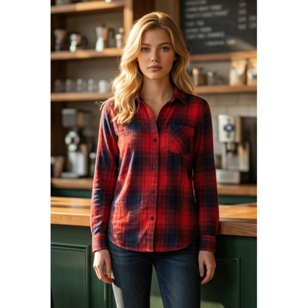 Madewell XS Red Black Plaid Flannel Button Down Hi-Lo Hem Shirt F5651